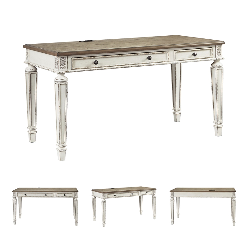 Maklaine Engineered Wood Computer Desk w/ USB Ports in White