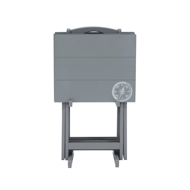 Maklaine 5 Piece Tray Table Set Planked Top with Compass Design in Gray Wood