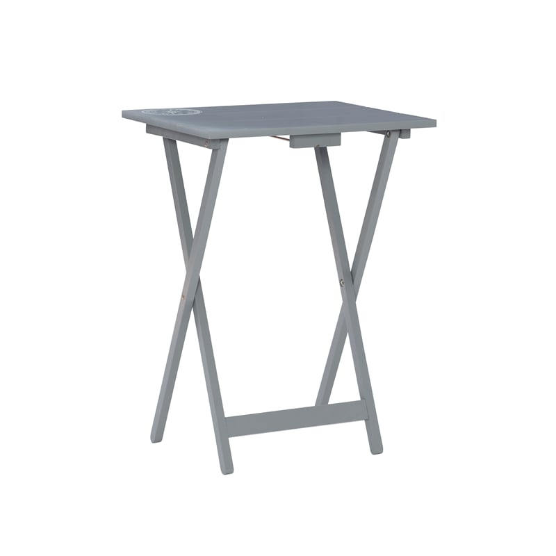 Maklaine 5 Piece Tray Table Set Planked Top with Compass Design in Gray Wood