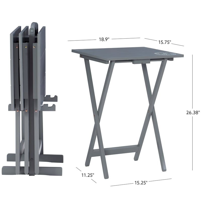 Maklaine 5 Piece Tray Table Set Planked Top with Compass Design in Gray Wood