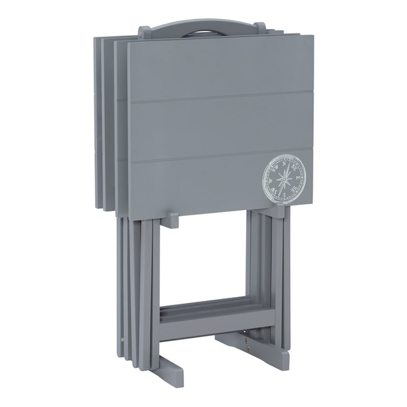 Maklaine 5 Piece Tray Table Set Planked Top with Compass Design in Gray Wood