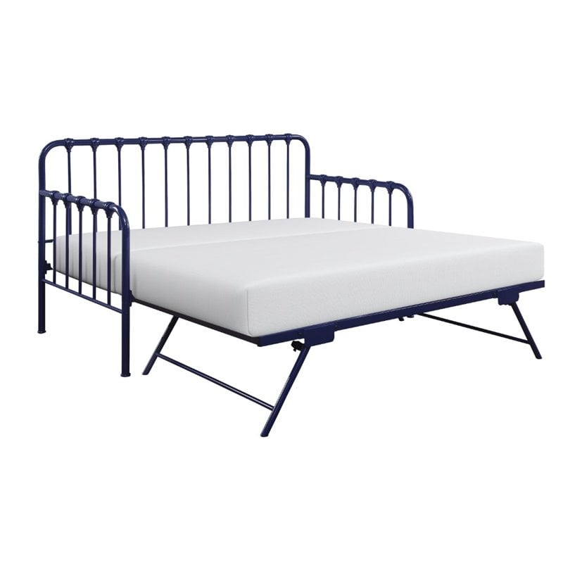 Maklaine Contemporary Metal Daybed with Trundle in Navy Blue