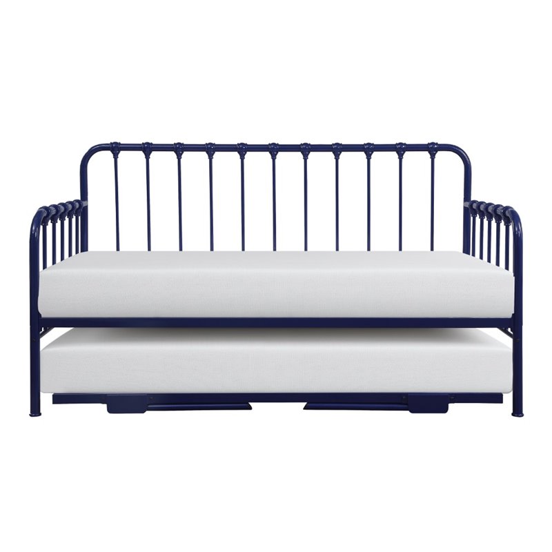 Maklaine Contemporary Metal Daybed with Trundle in Navy Blue
