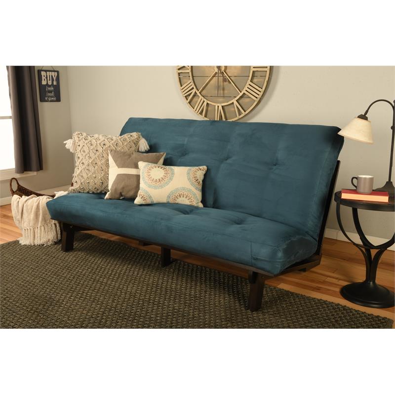 Maklaine Wood Futon in Java Brown Finish with Suede Blue Mattress