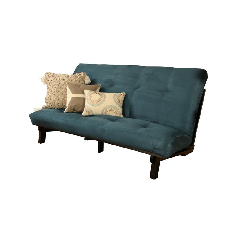 Maklaine Wood Futon in Java Brown Finish with Suede Blue Mattress