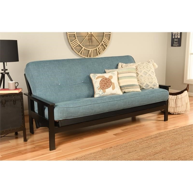 Maklaine Full-size Linen Fabric Futon in Aqua Blue-Frame Not Included