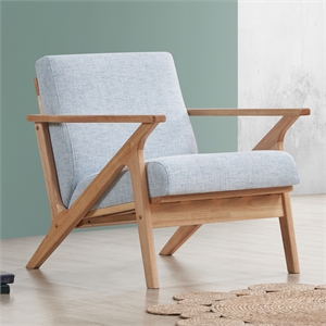 Maklaine Solid Wood and Fabric Accent Armchair in Oak and Light Blue