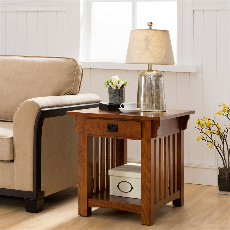 Maklaine Wood End Table with Storage Drawer and Shelf in Oak