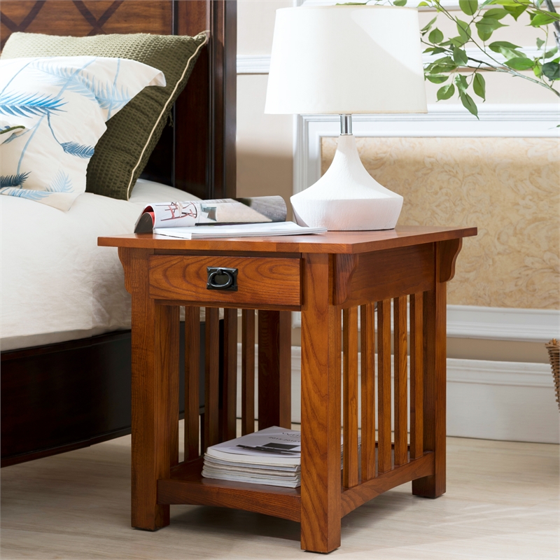 Maklaine Wood End Table with Storage Drawer and Shelf in Oak