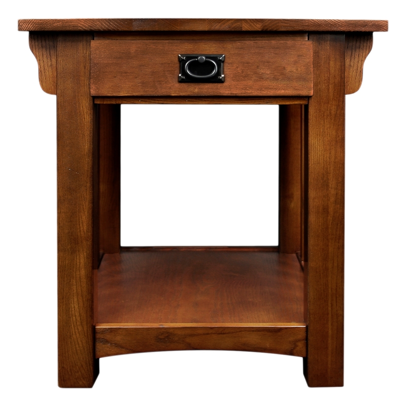 Maklaine Wood End Table with Storage Drawer and Shelf in Oak