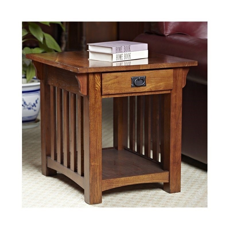 Maklaine Wood End Table with Storage Drawer and Shelf in Oak