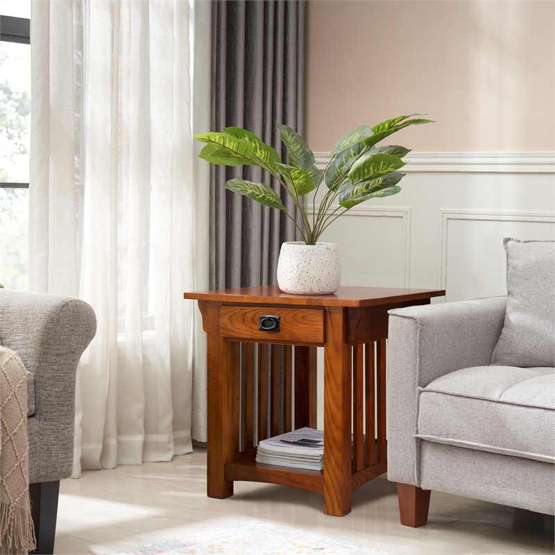 Maklaine Wood End Table with Storage Drawer and Shelf in Oak