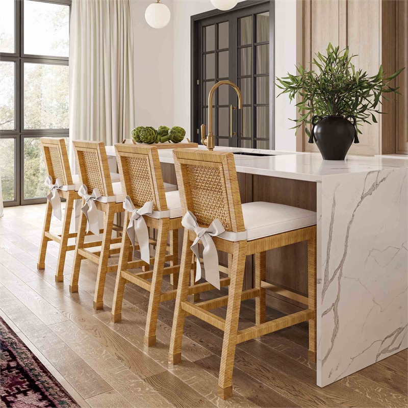 Maklaine Modern Transitional Natural Rattan Veneer Counter Stool