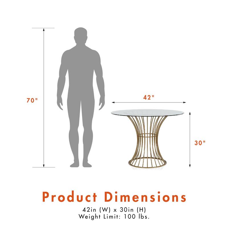 Maklaine Glass Top Dining Table in Tempered Glass with Brass