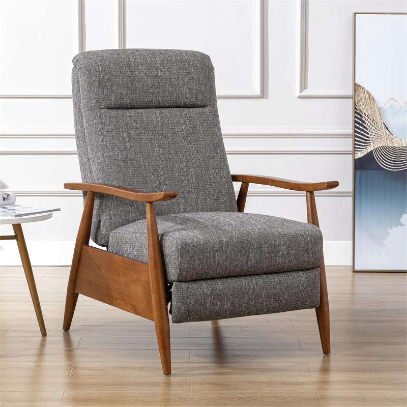 Maklaine Wood Arm Push Back Recliner in Gray Performance Fabric