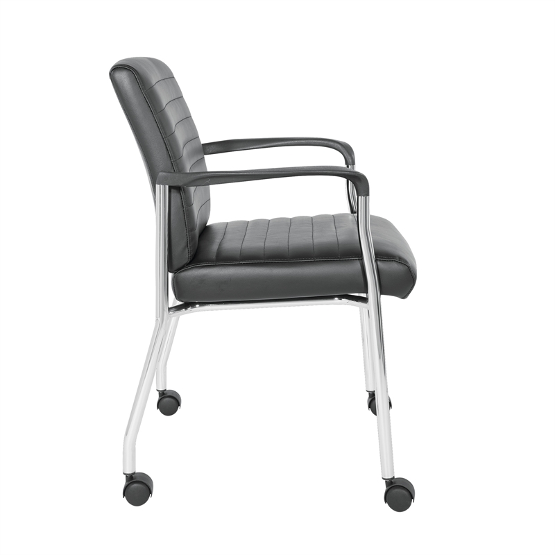 Maklaine Guest Chair in Black Faux Leather with Chrome Frame and Casters