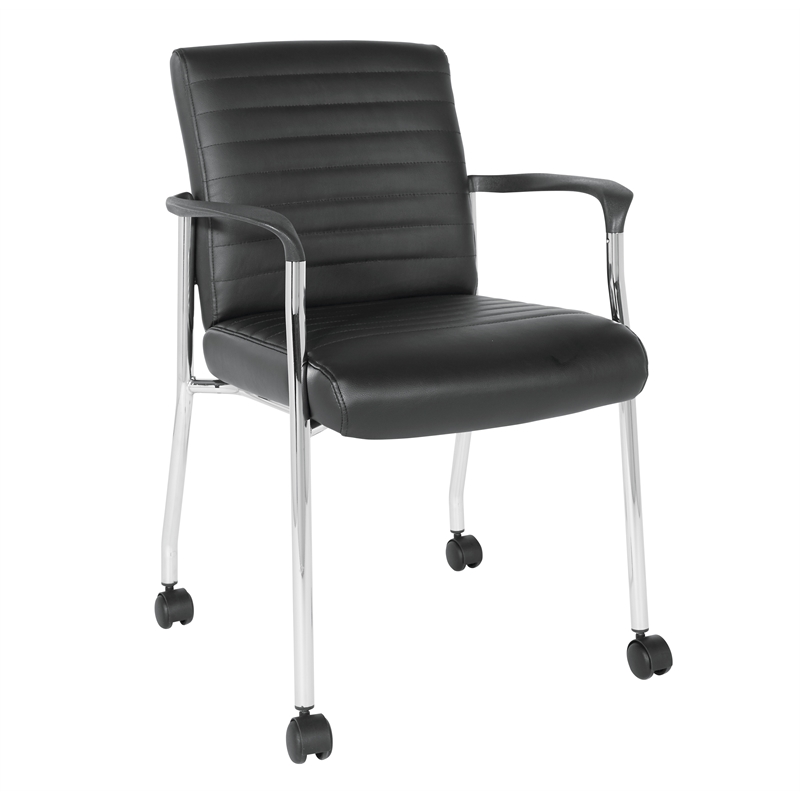 Maklaine Guest Chair in Black Faux Leather with Chrome Frame and Casters
