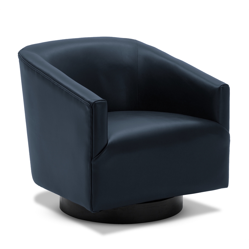 Maklaine Midnight Blue Faux Leather Wood Base Swivel Accent Chair
