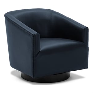Maklaine Midnight Blue Faux Leather Wood Base Swivel Accent Chair
