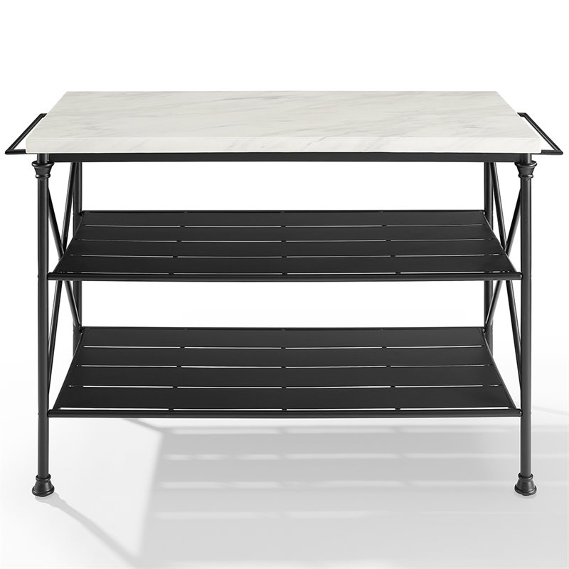 Maklaine Metal/Faux Marble Top Kitchen Island in Matte Black