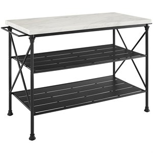 Maklaine Metal/Faux Marble Top Kitchen Island in Matte Black