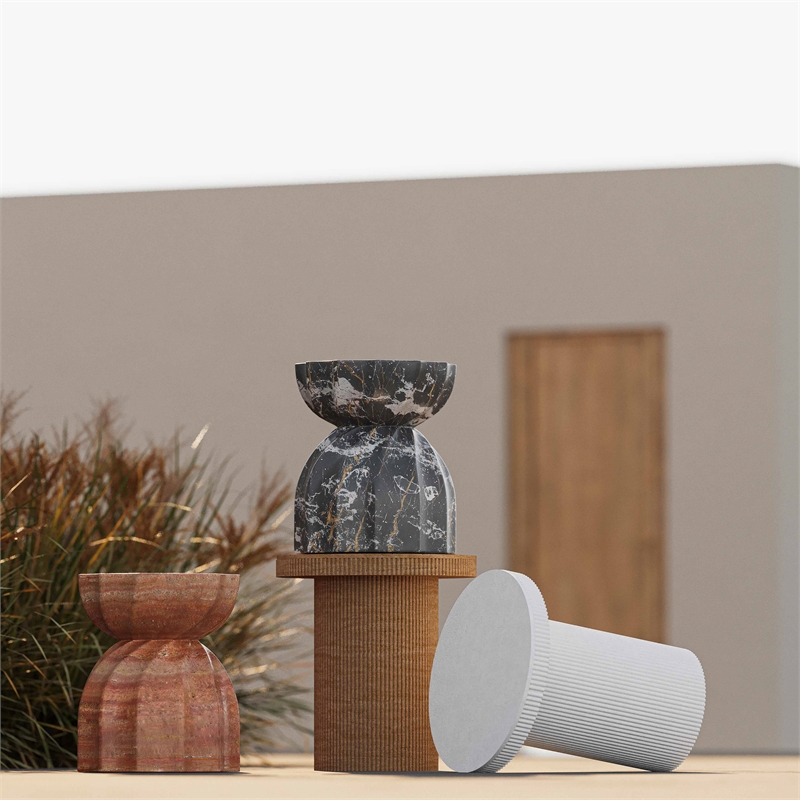 Maklaine Contemporary Faux Travertine & Marble Side Table in Tan