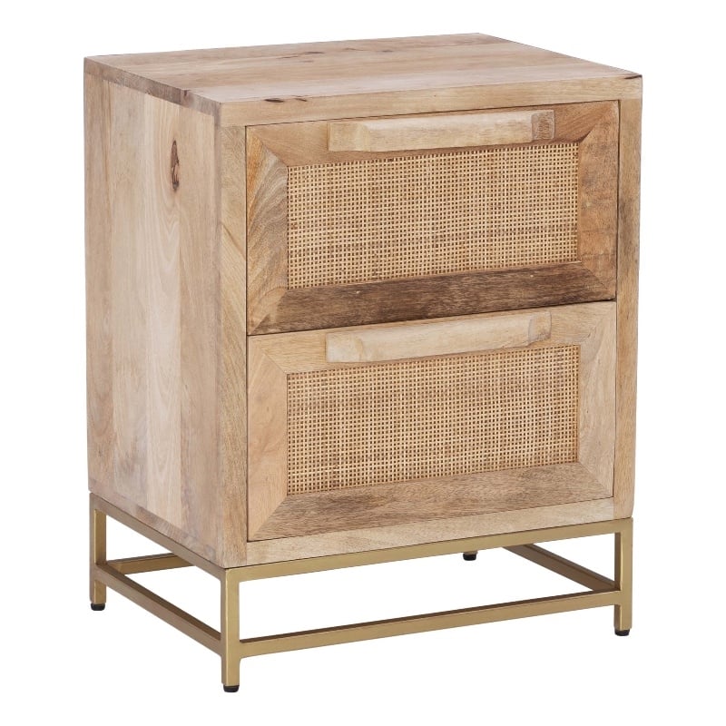 Maklaine Wood 2 Drawer Side Table Cane Detailing Gold Metal Base in Natural