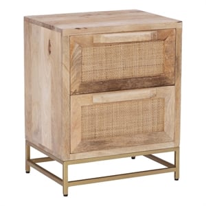 Maklaine Wood 2 Drawer Side Table Cane Detailing Gold Metal Base in Natural
