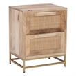 Maklaine Wood 2 Drawer Side Table Cane Detailing Gold Metal Base in Natural