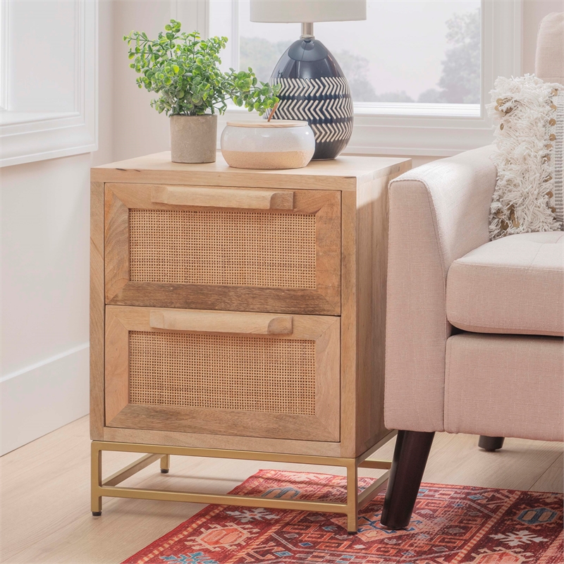 Maklaine Wood 2 Drawer Side Table Cane Detailing Gold Metal Base in Natural
