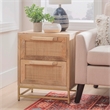 Maklaine Wood 2 Drawer Side Table Cane Detailing Gold Metal Base in Natural