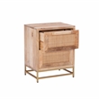 Maklaine Wood 2 Drawer Side Table Cane Detailing Gold Metal Base in Natural