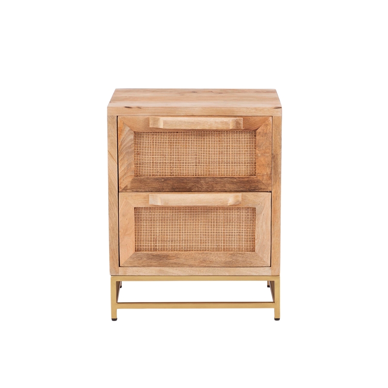 Maklaine Wood 2 Drawer Side Table Cane Detailing Gold Metal Base in Natural