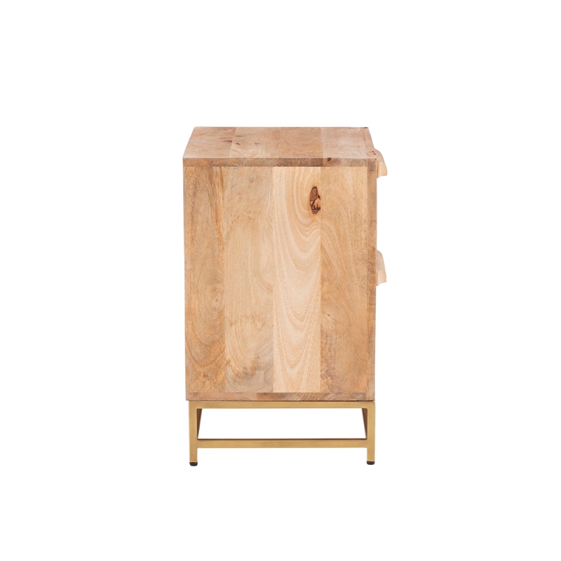 Maklaine Wood 2 Drawer Side Table Cane Detailing Gold Metal Base in Natural