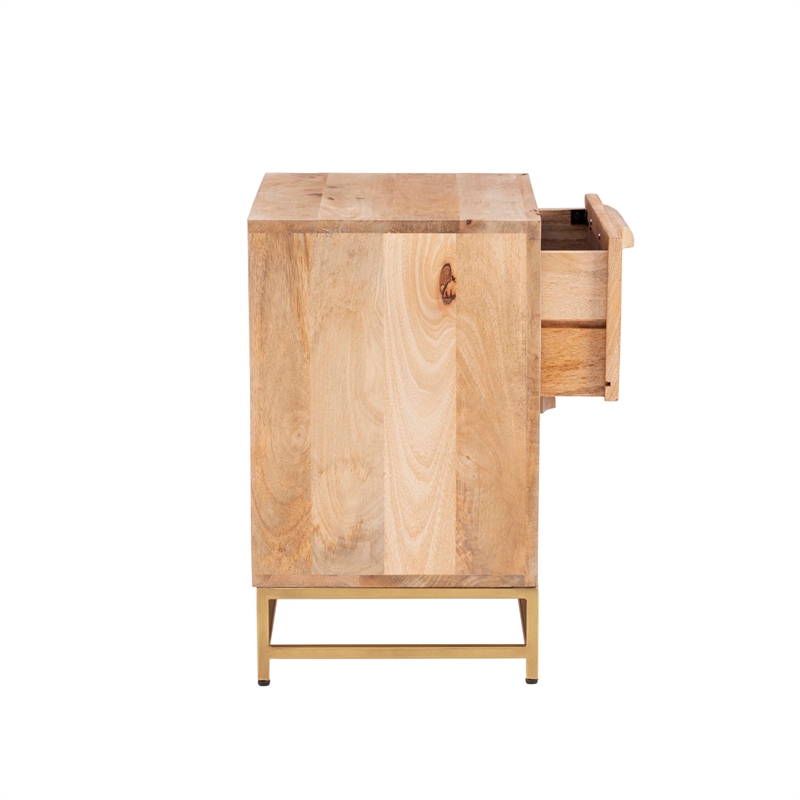 Maklaine Wood 2 Drawer Side Table Cane Detailing Gold Metal Base in Natural