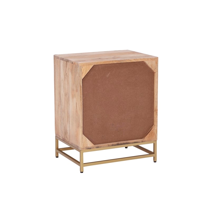 Maklaine Wood 2 Drawer Side Table Cane Detailing Gold Metal Base in Natural