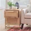 Maklaine Wood 2 Drawer Side Table Cane Detailing Gold Metal Base in Natural