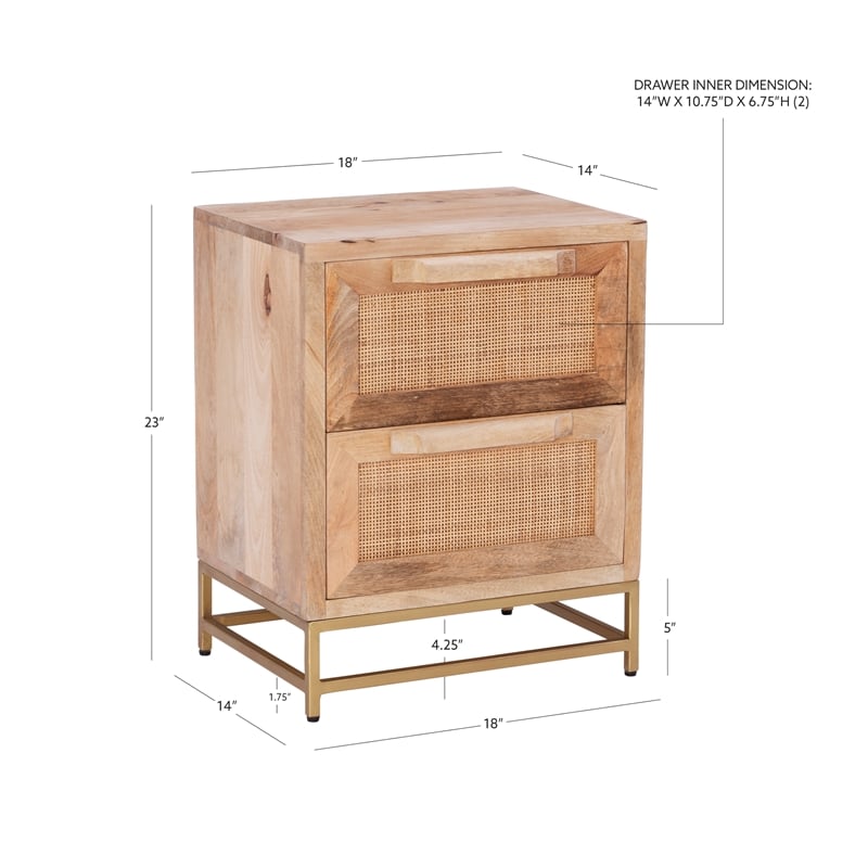 Maklaine Wood 2 Drawer Side Table Cane Detailing Gold Metal Base in Natural