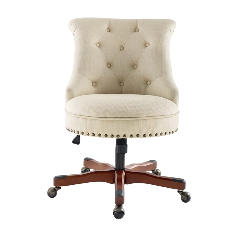 Maklaine Beige Upholstered Adjustable Office Chair in Cherry Wood Base