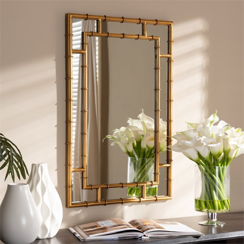 Maklaine Modern / Contemporary Decorative Bamboo Wall Mirror in Gold
