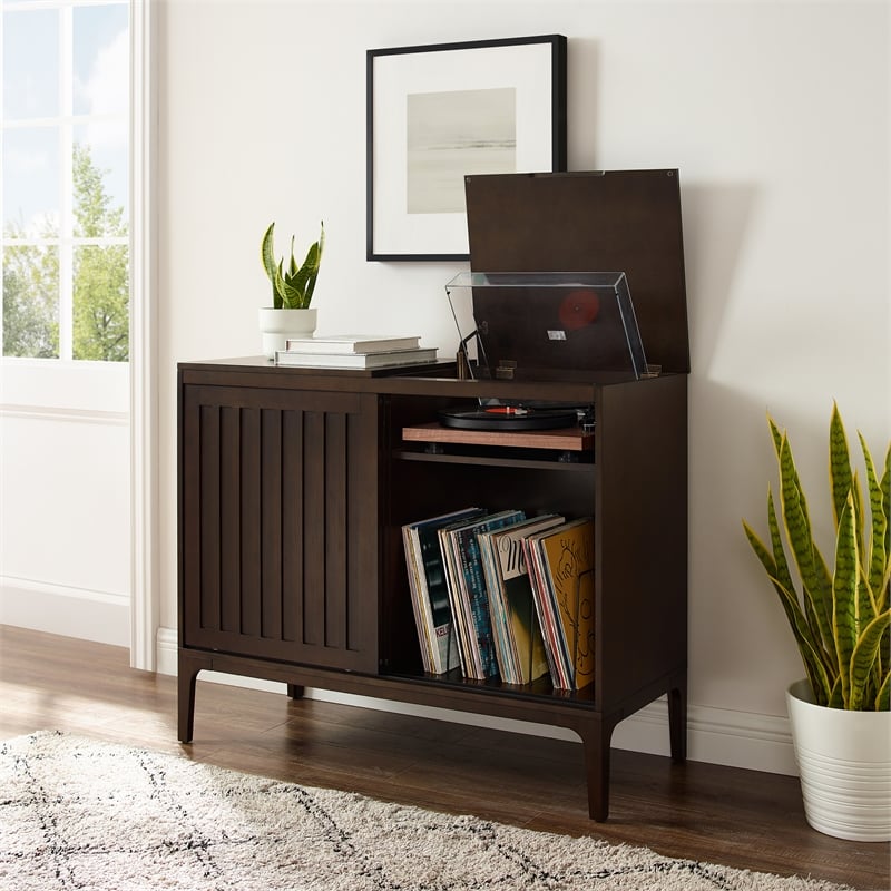 Maklaine Mid-Century Wood Record Storage Media Console - Dark Brown