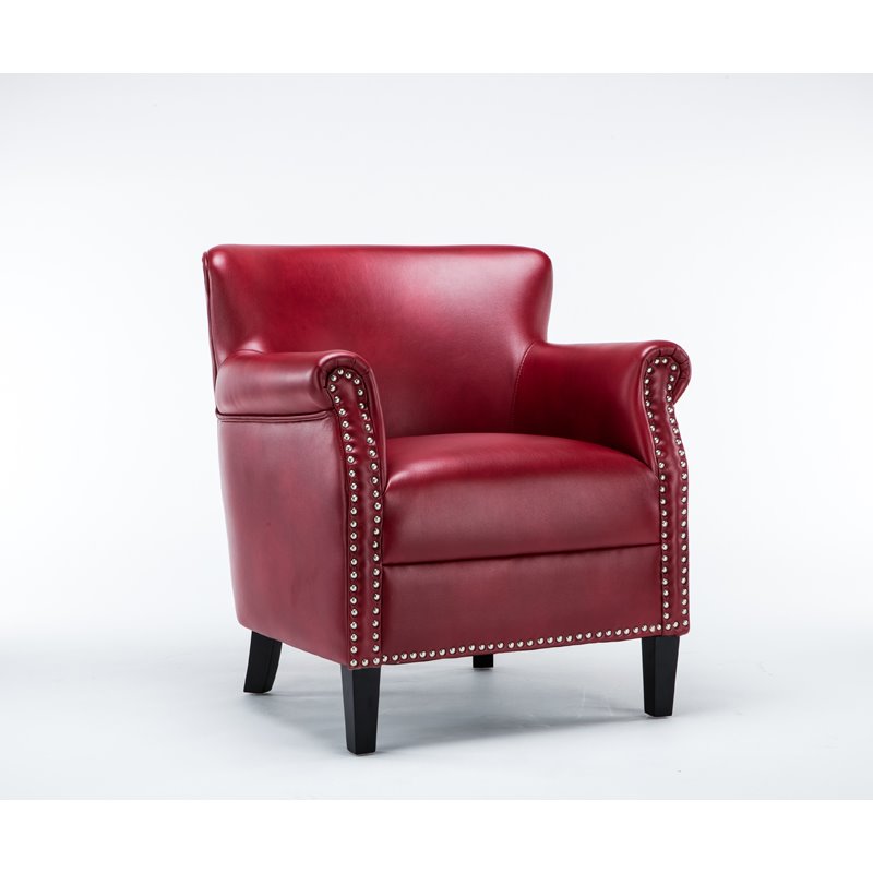 Maklaine Transitional Red Faux Leather Club Chair with Nail Head Trim