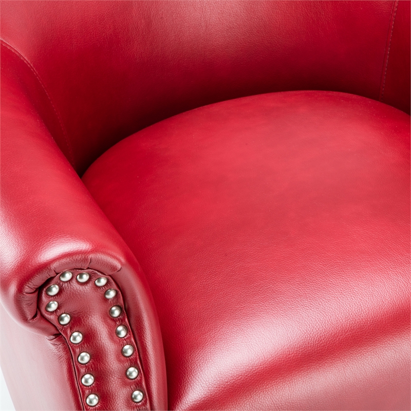 Maklaine Transitional Red Faux Leather Club Chair with Nail Head Trim