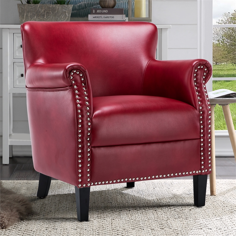Maklaine Transitional Red Faux Leather Club Chair with Nail Head Trim