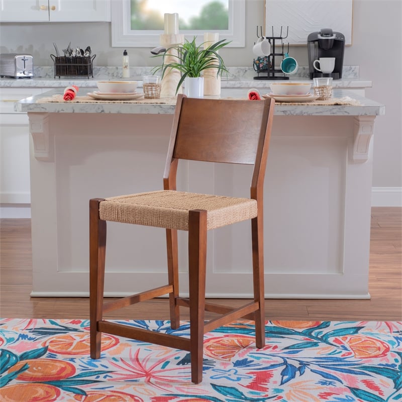 Maklaine Wood 2 Tone Counter Stools Handwoven Rope Seat Set of 2 in Brown