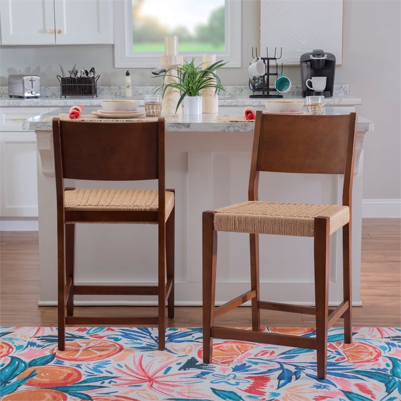 Maklaine Wood 2 Tone Counter Stools Handwoven Rope Seat Set of 2 in Brown