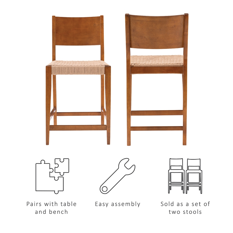 Maklaine Wood 2 Tone Counter Stools Handwoven Rope Seat Set of 2 in Brown