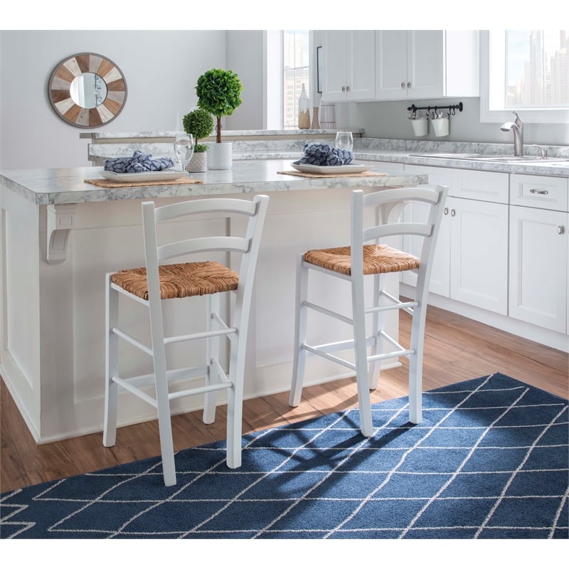 Maklaine Set of 2 Counter Stools Woven Rush Seats in White Beechwood