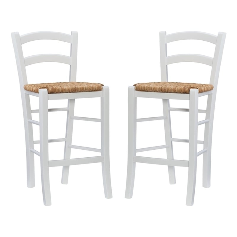 Maklaine Set of 2 Counter Stools Woven Rush Seats in White Beechwood