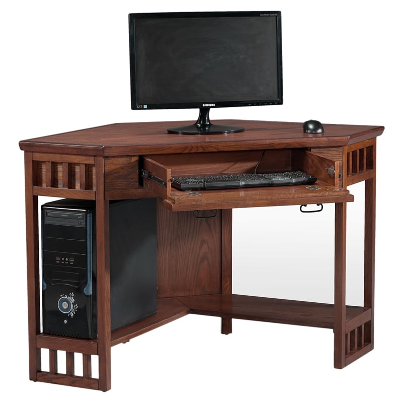 Maklaine Modern Traditional Corner Computer Desk in Mission Oak